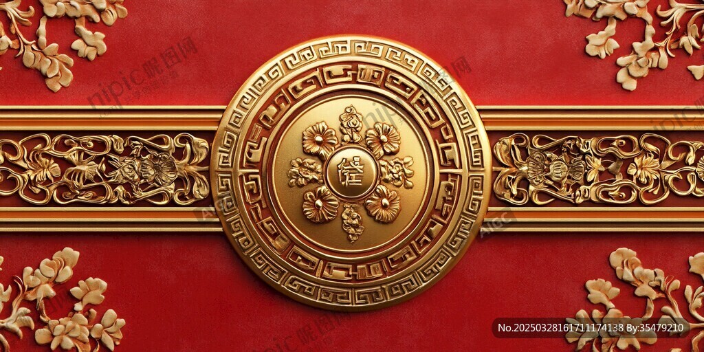 中式紅金雕花裝飾圖案