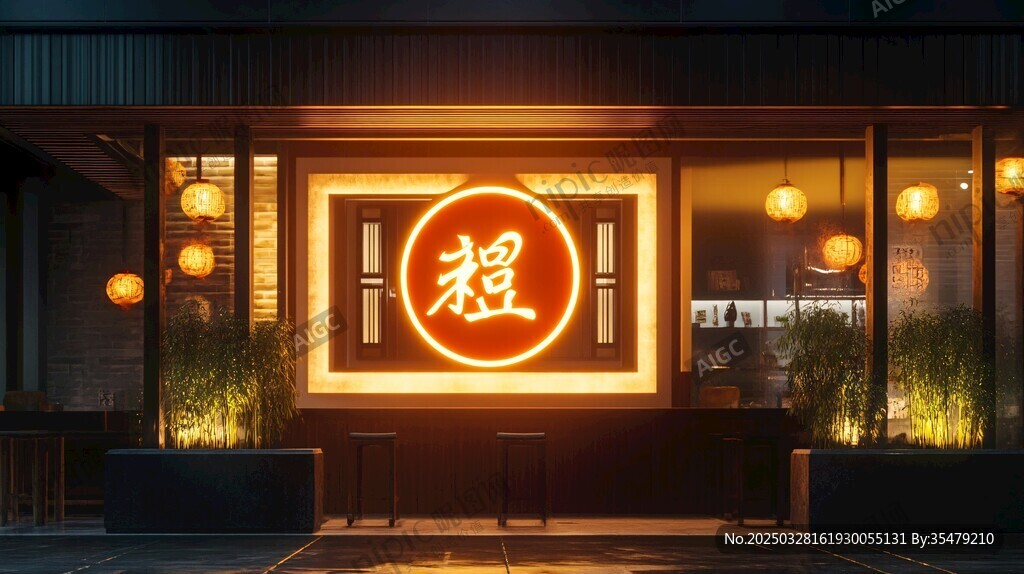 中式餐廳夜景招牌很亮眼