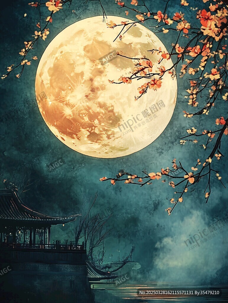 月夜湖畔花影下的古韻