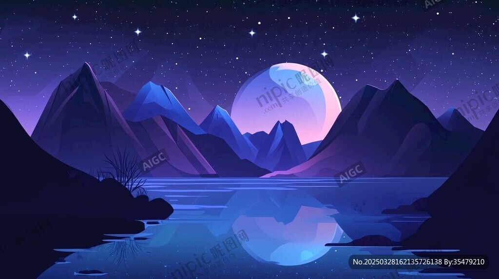 夢(mèng)幻月夜下的山水景致