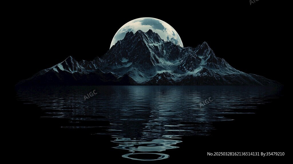 月夜下的靜謐山巒與湖水