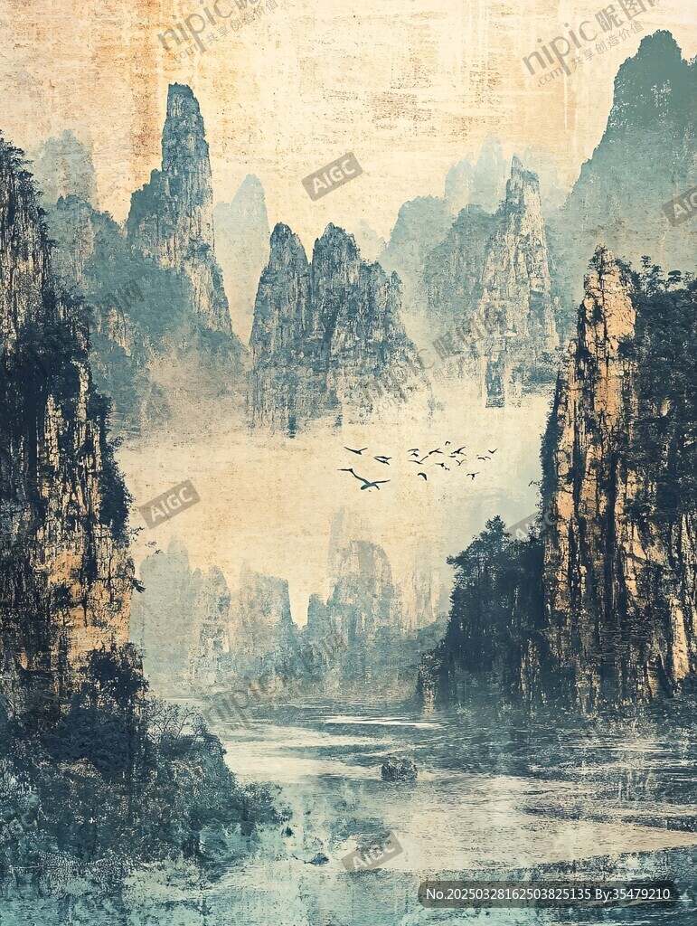 水墨山水間飛鳥伴江景