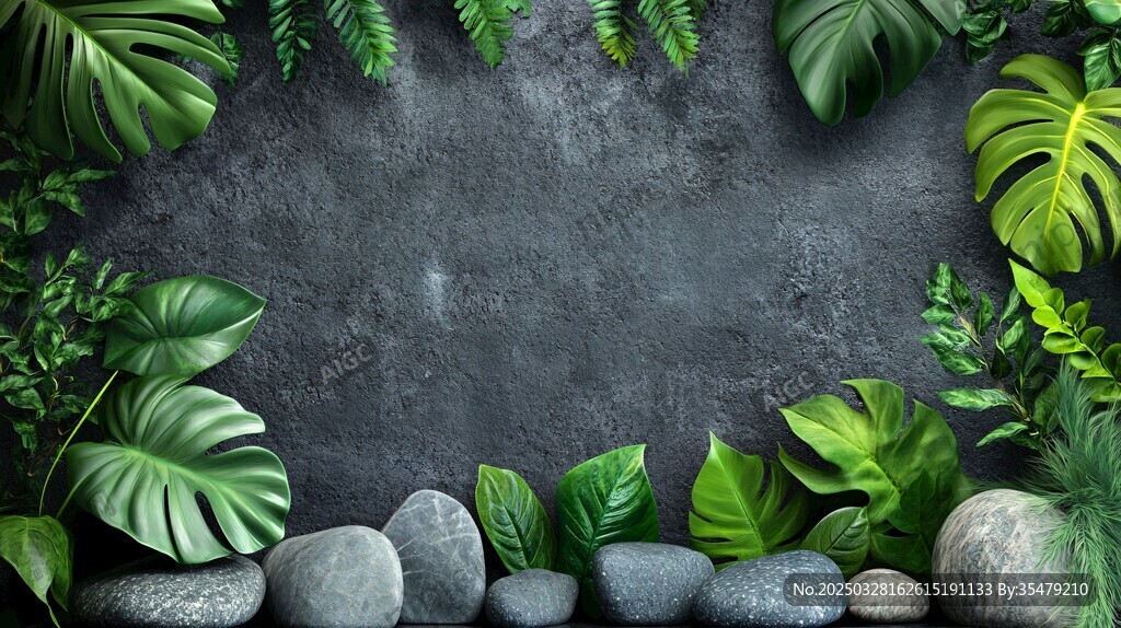 灰墻綠植與石的自然景致