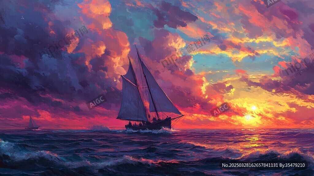 海上帆船迎絢麗日落美景