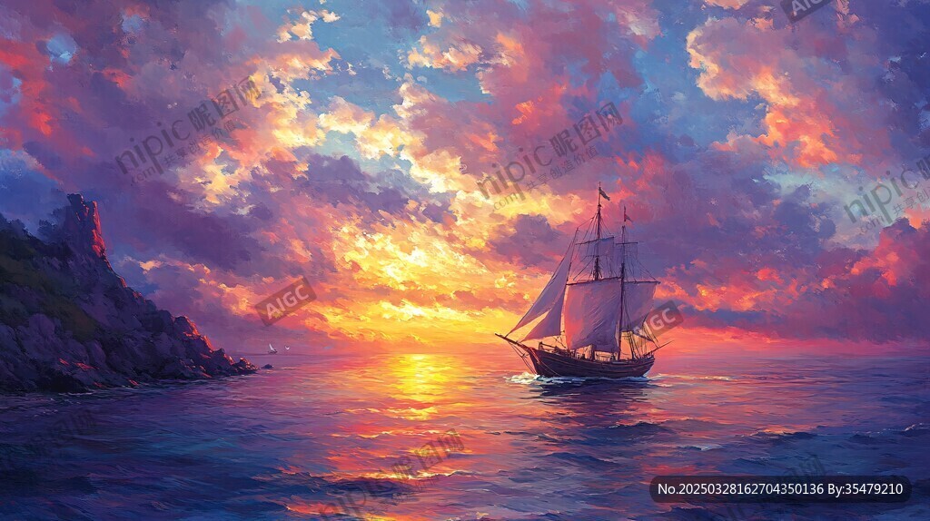 海上夕陽下的揚帆之旅