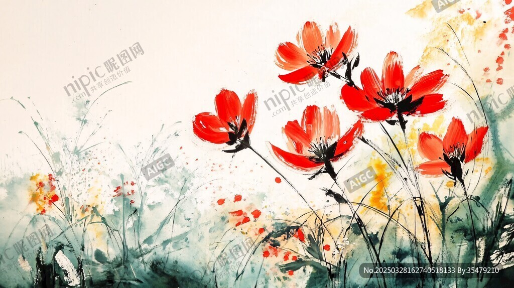 水墨紅花朵朵綻