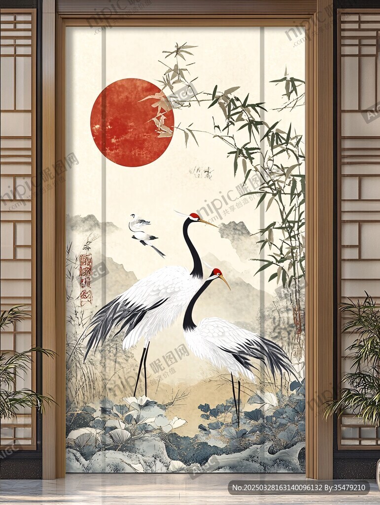 中式玄關仙鶴紅日翠竹圖