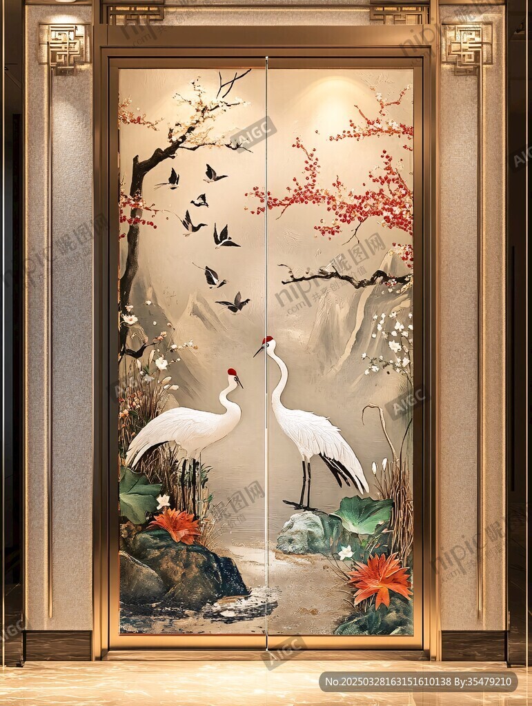 中式花鳥雙鶴入戶門裝飾圖