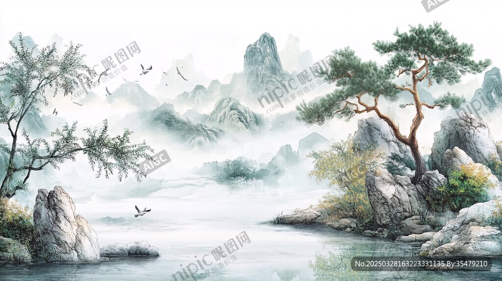 水墨山水間的松林景致