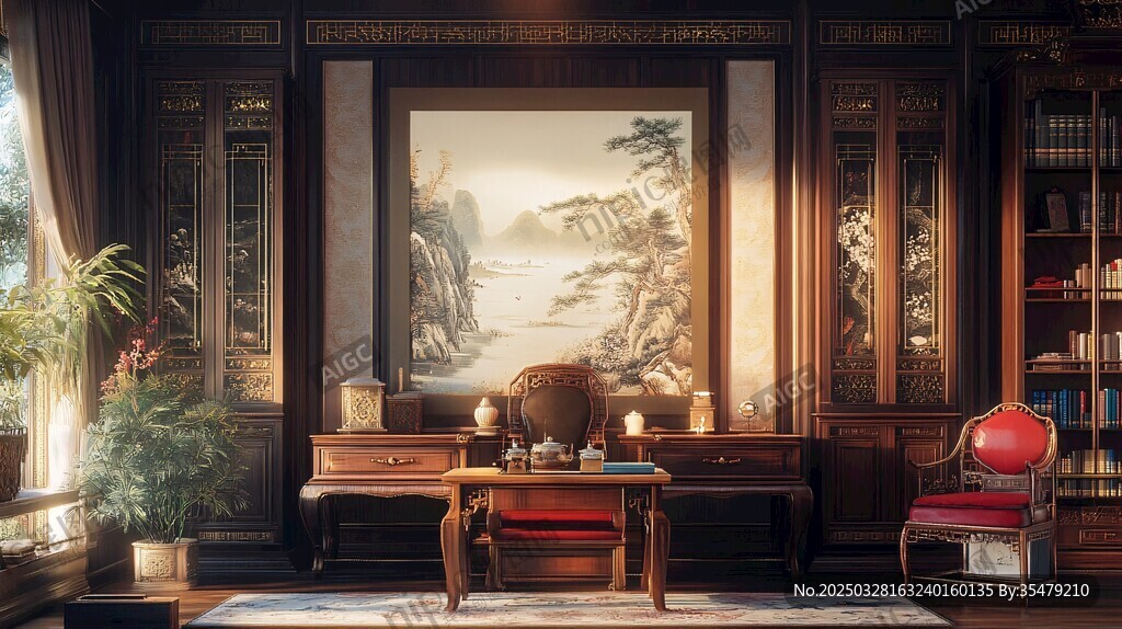 中式古典雅致書房場景