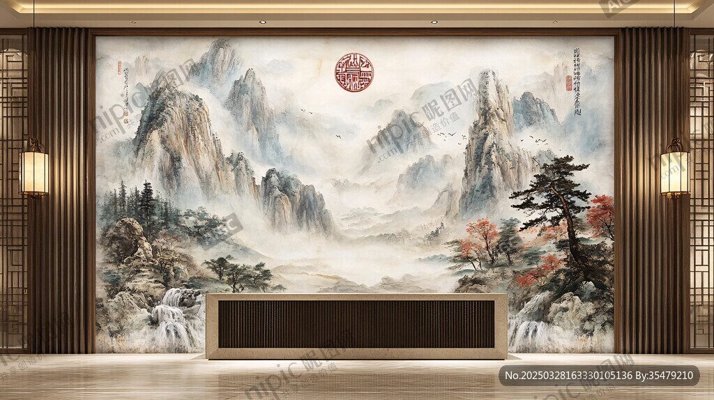 中式山水背景墻室內(nèi)景致