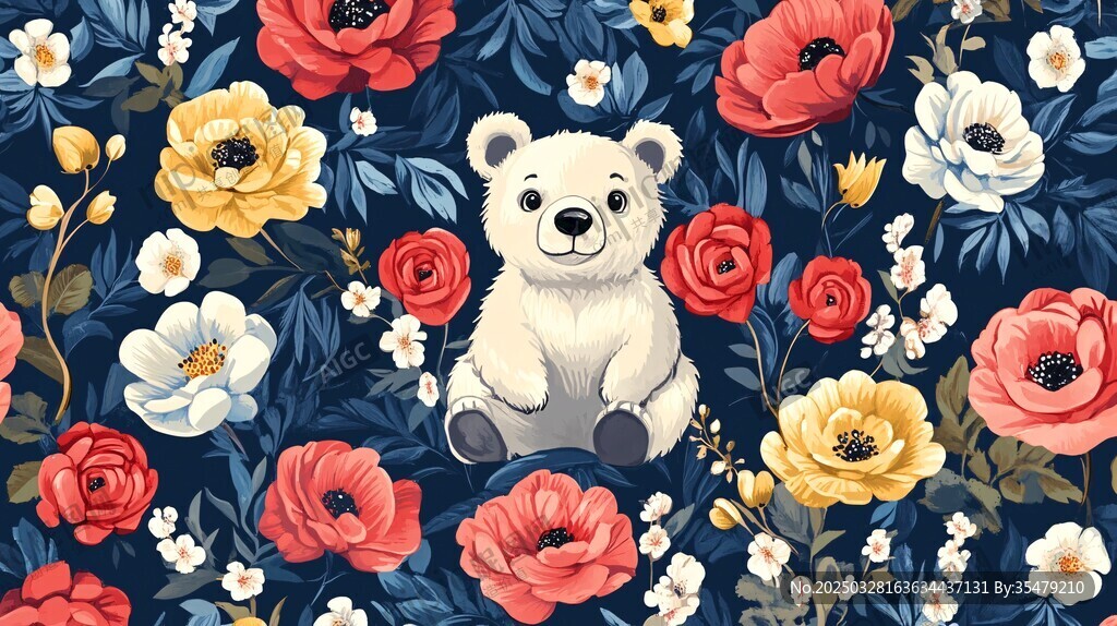 小熊坐于繁花中的圖案