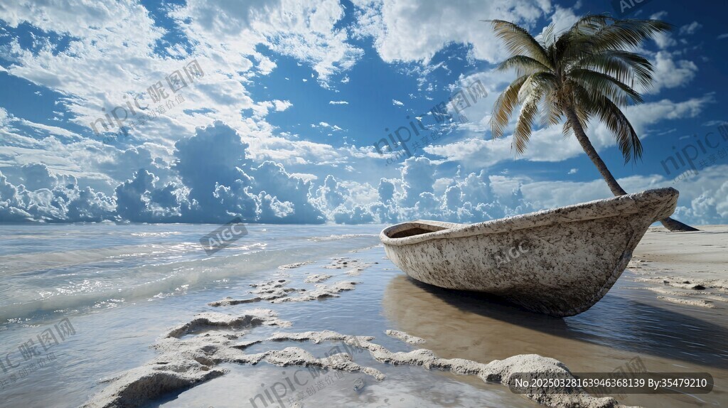 海灘孤舟與椰樹的靜謐景致