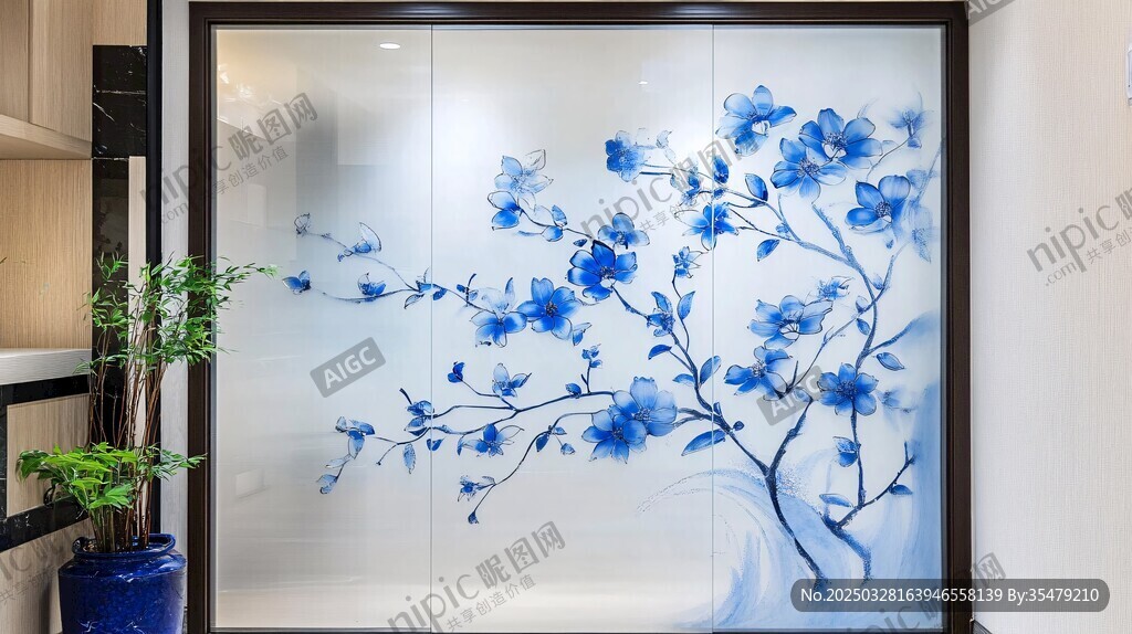 中式藍花玻璃隔斷藝術(shù)美
