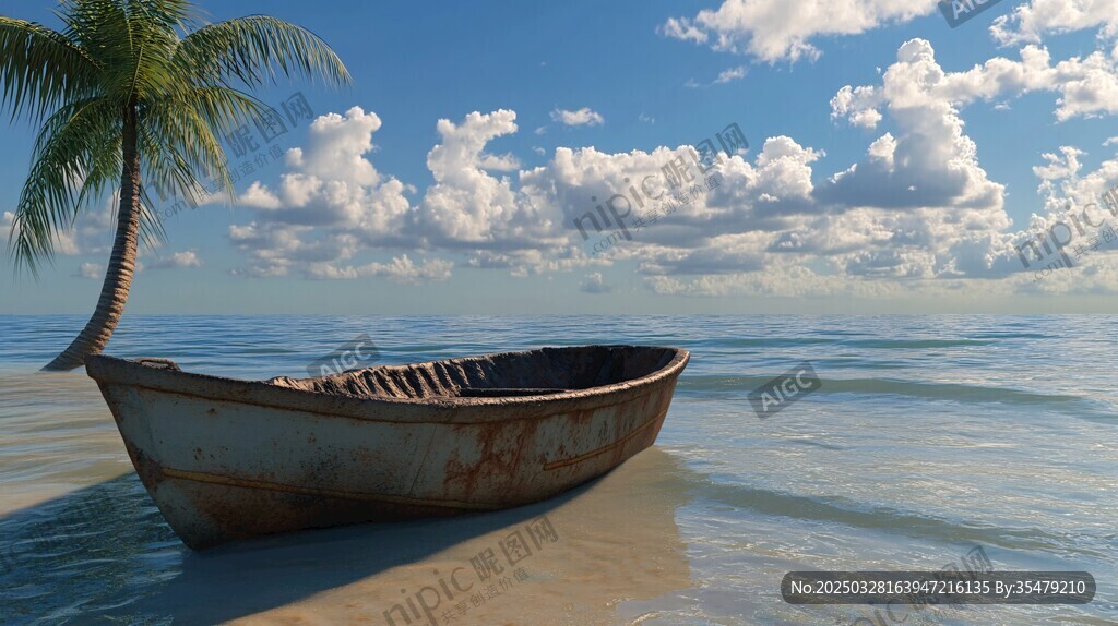 海邊孤舟與椰樹的靜謐景致