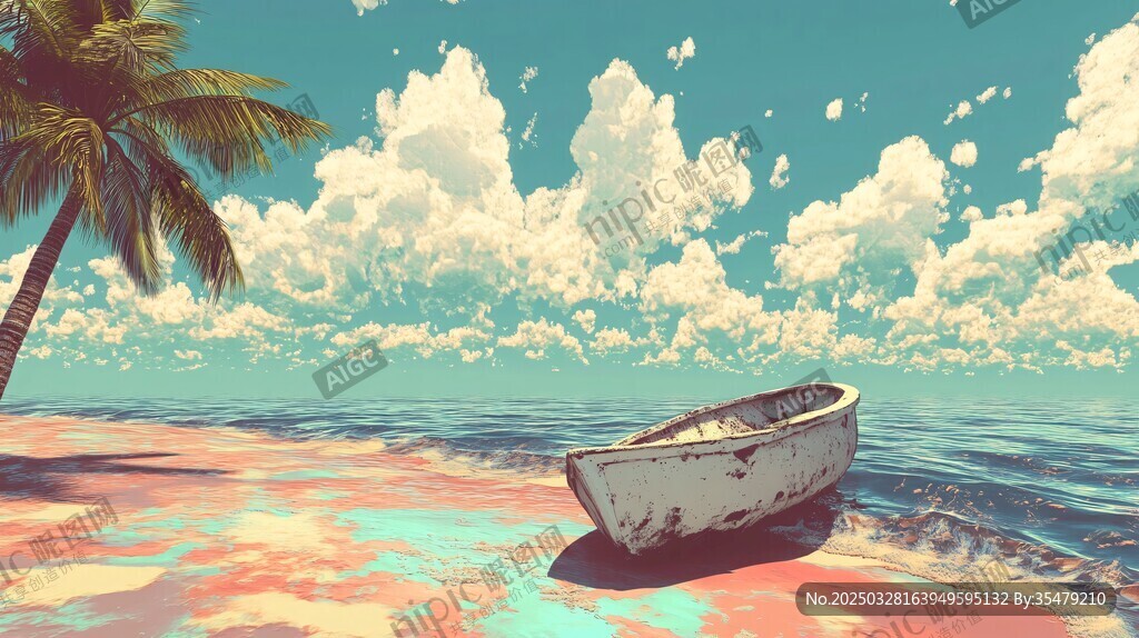 沙灘孤舟與椰樹的夢幻海景