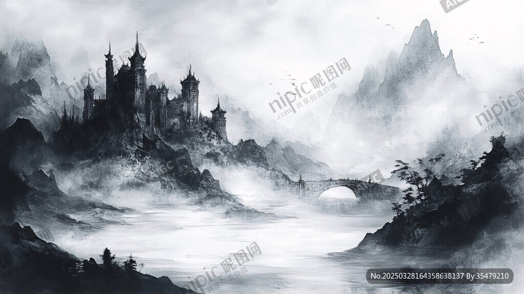 水墨風(fēng)奇幻城堡山水圖景