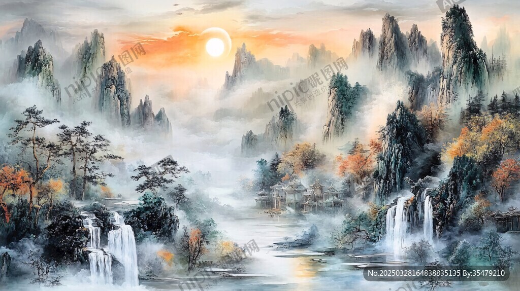 旭日東升下的山水盛景