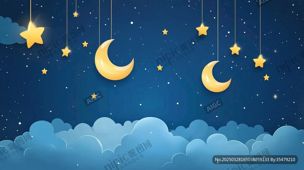 夢幻夜空下的星月云朵