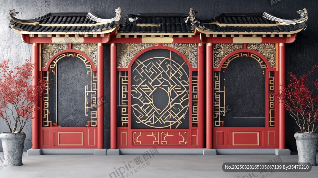 中式古典紅墻建筑景觀