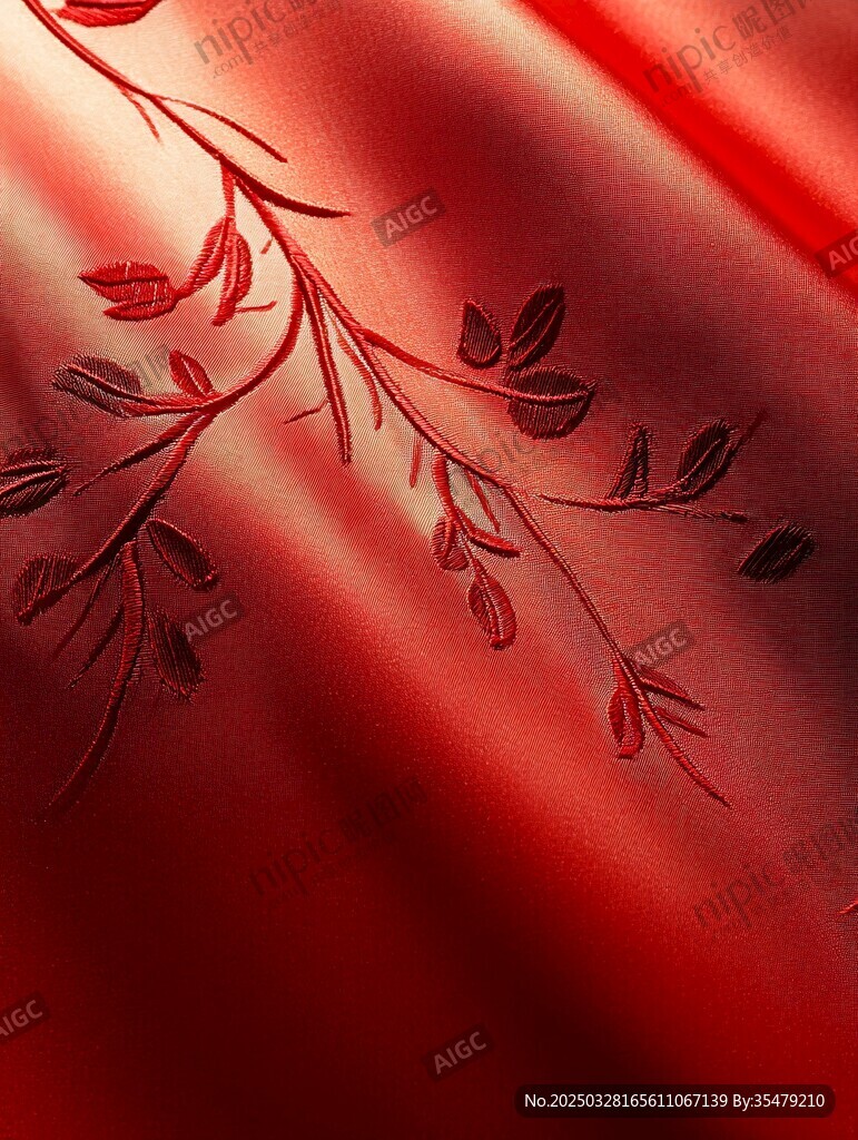 紅色繡枝花飾絲綢紋理