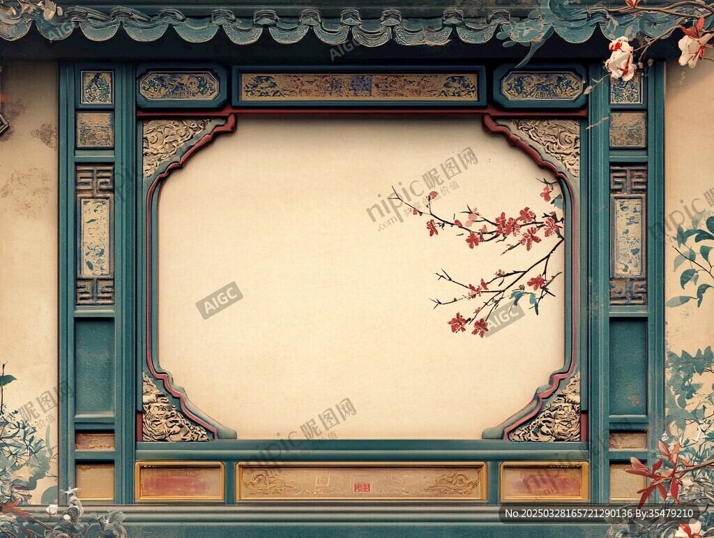中式古典窗景 花枝添雅韻