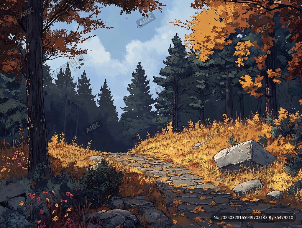 秋日林間石徑的靜謐美景