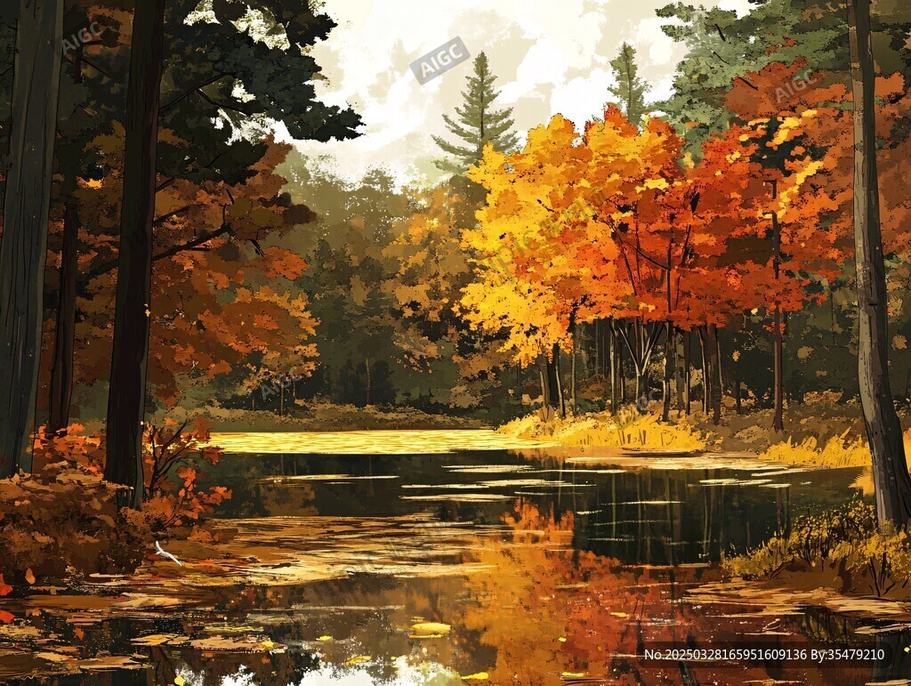 秋日湖畔森林美景