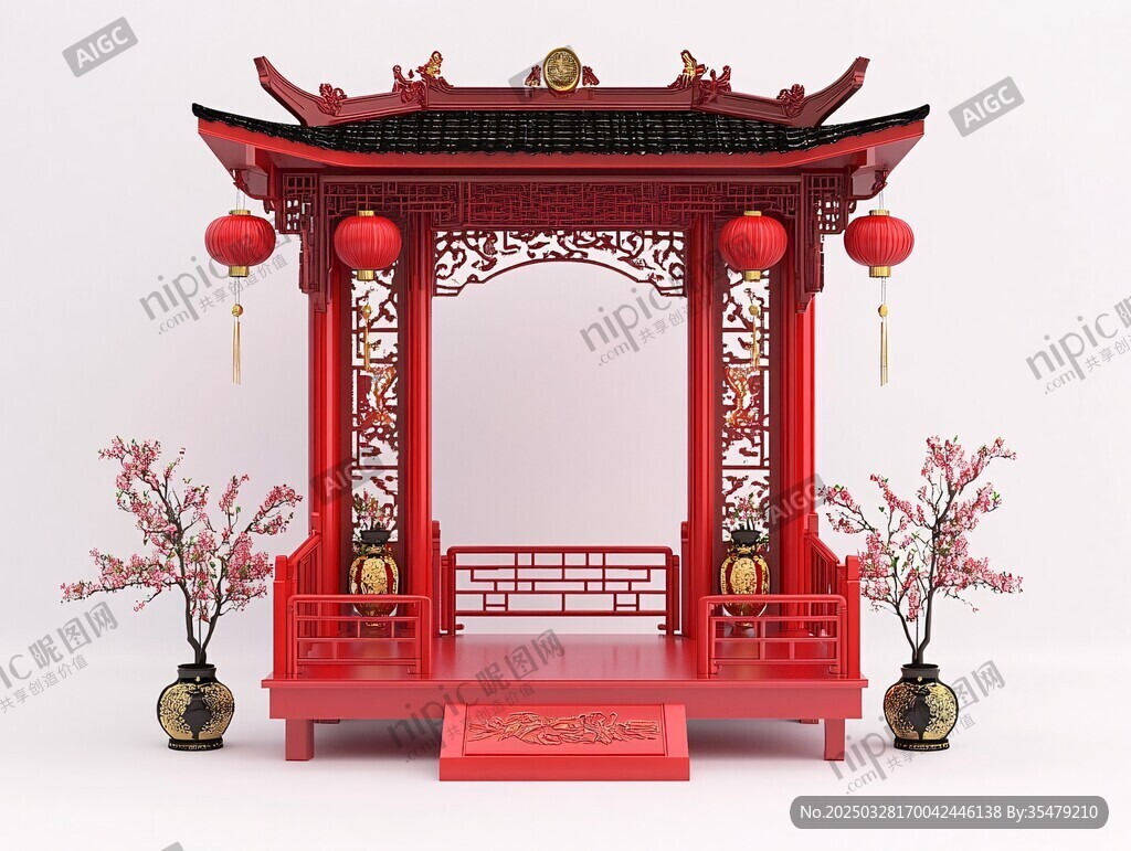 中式古典紅色雕花亭
