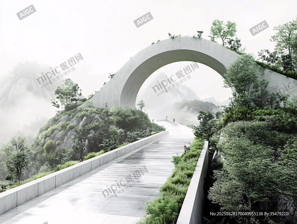 霧中弧形路橋景觀