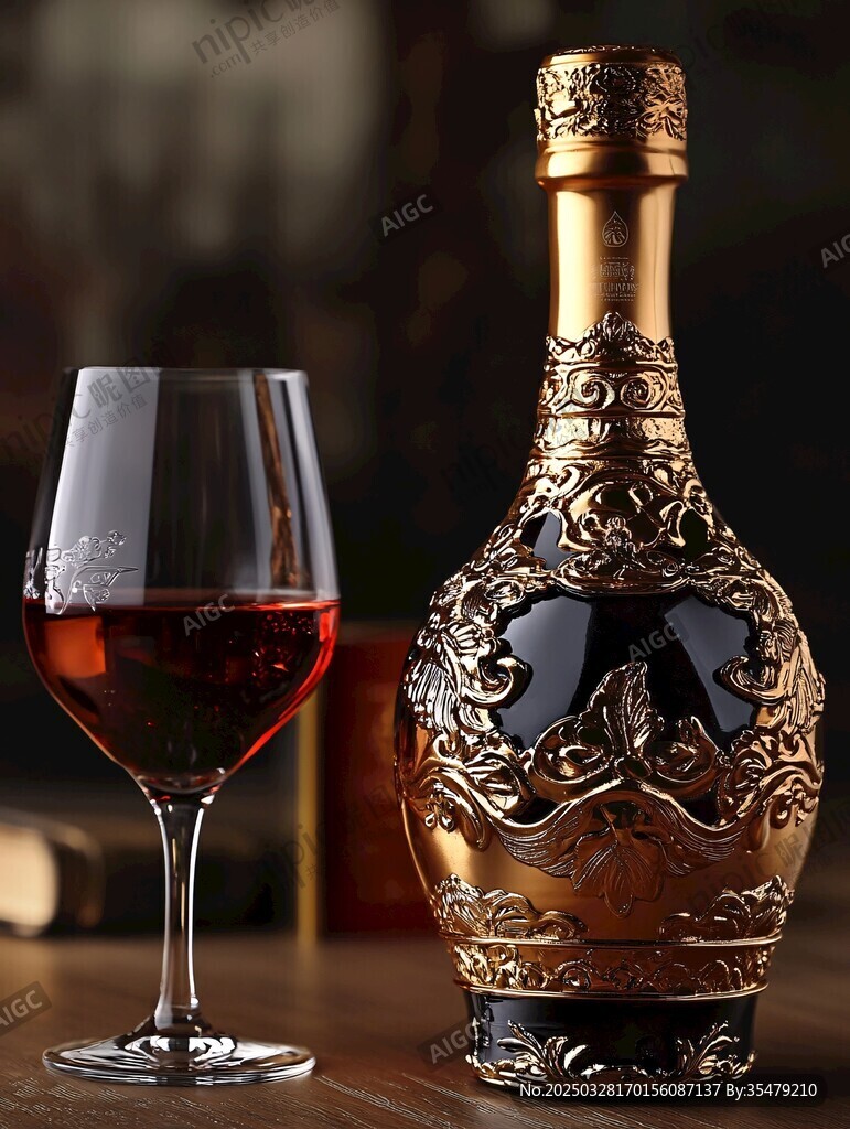奢華金紋紅酒瓶與紅酒杯