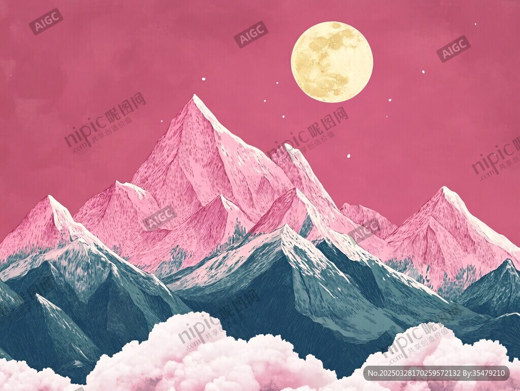 夢幻粉色月夜下的雪山