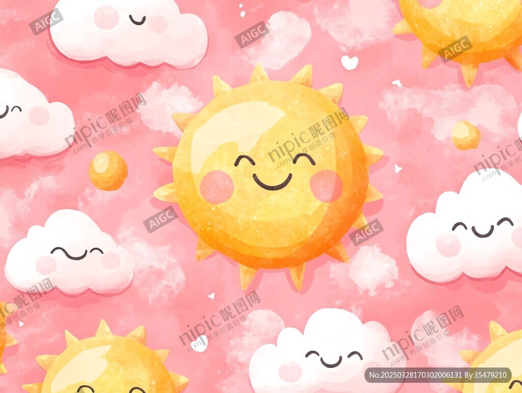 粉色背景的可愛太陽云朵圖