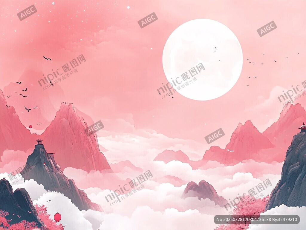 夢幻粉色山水月夜圖景