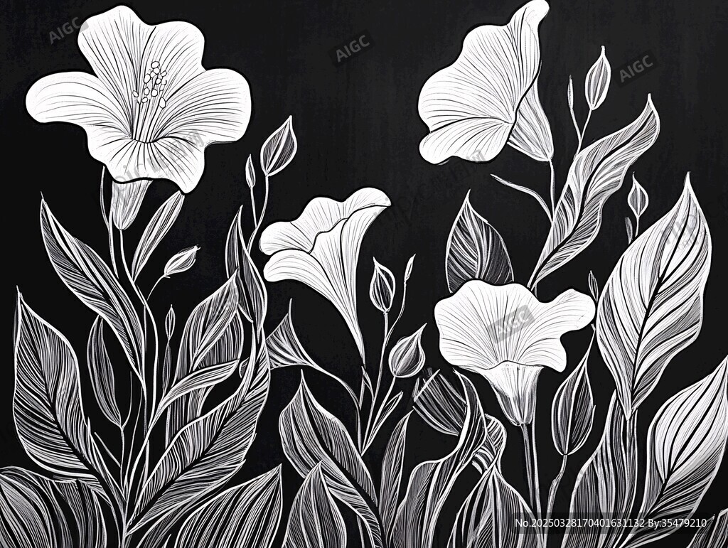 黑白花卉植物線條插畫