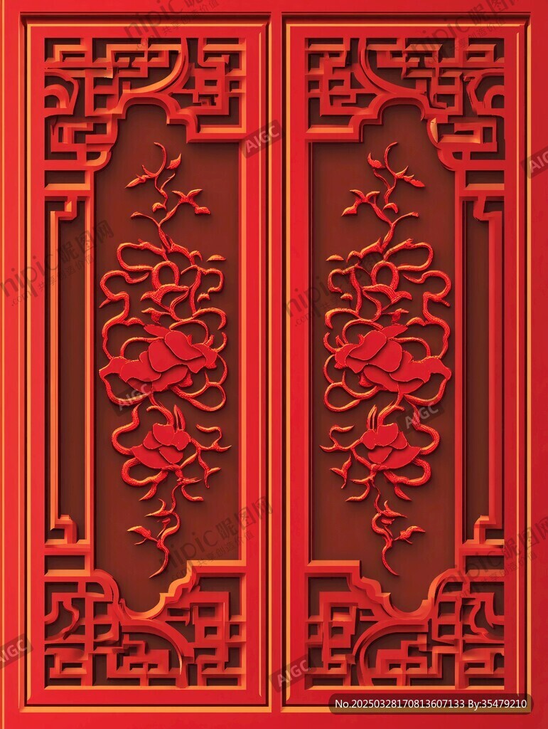 中式紅色雕花雙扇門窗