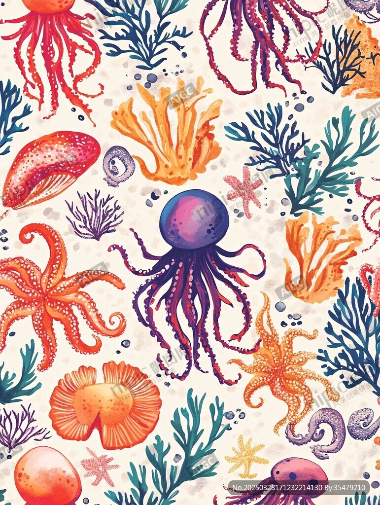 海洋生物繽紛手繪圖案