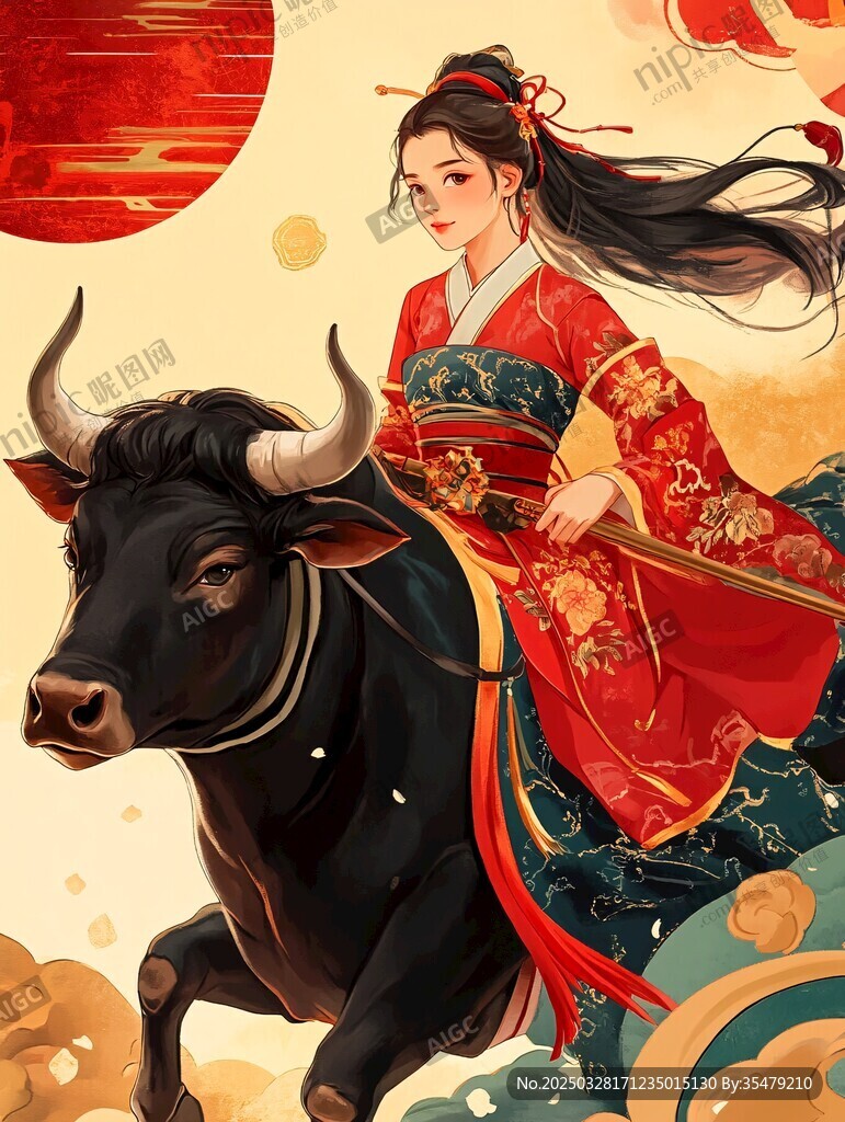 紅衣少女騎牛踏云迎紅日