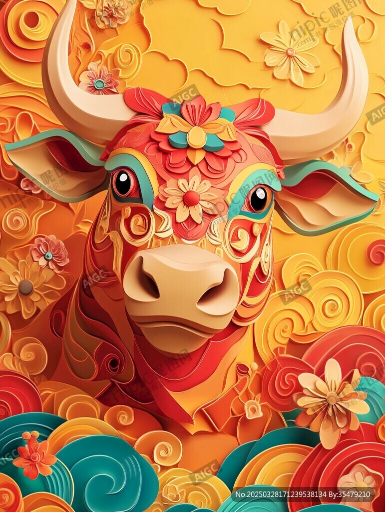 牛年藝術(shù)剪紙風(fēng)牛頭形象