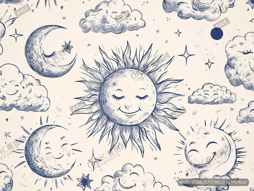 手繪日月云星可愛圖案