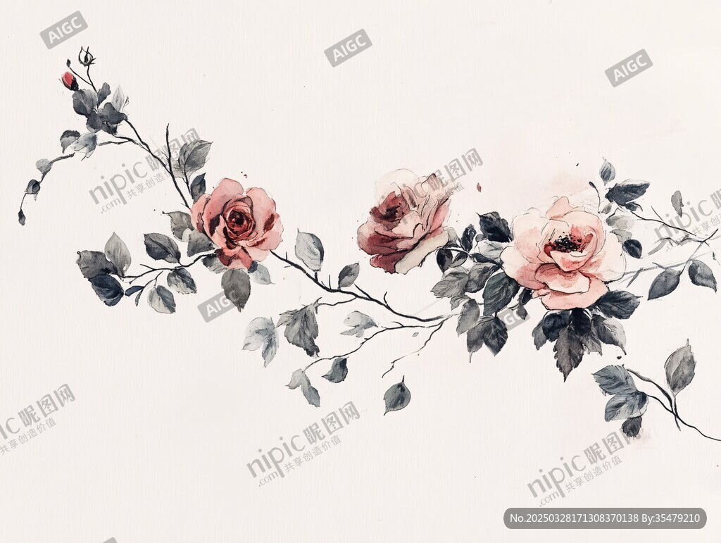 復(fù)古風(fēng)手繪粉色玫瑰枝條