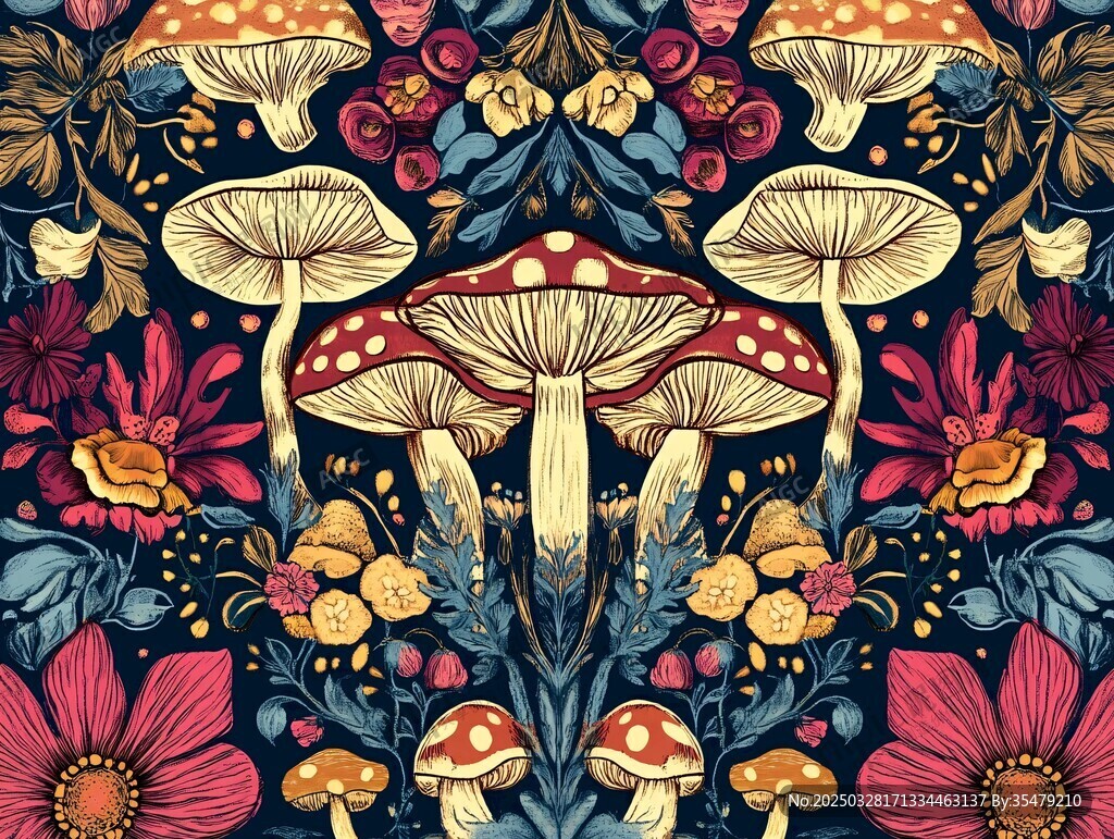 奇幻蘑菇花卉圖案插畫