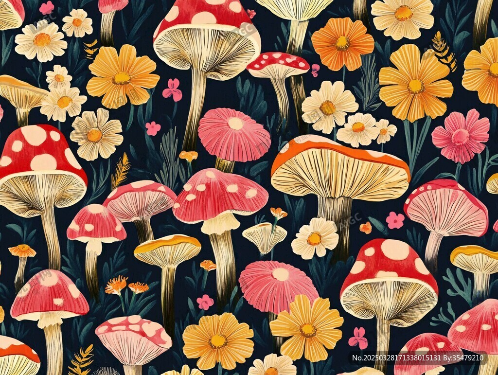 蘑菇花卉奇幻圖案插畫