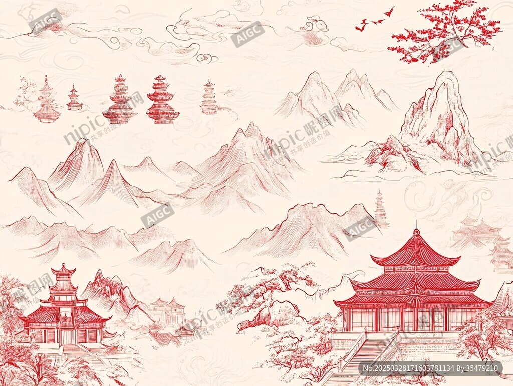 中式山水樓閣古風畫卷