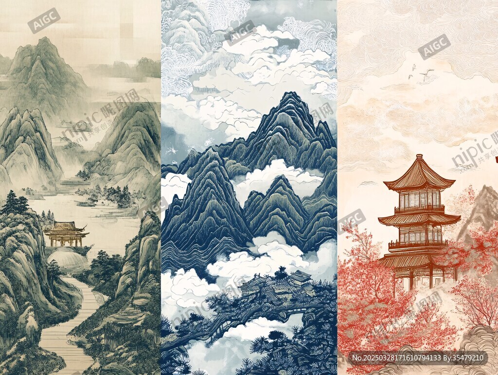 古風山水樓閣中式畫卷