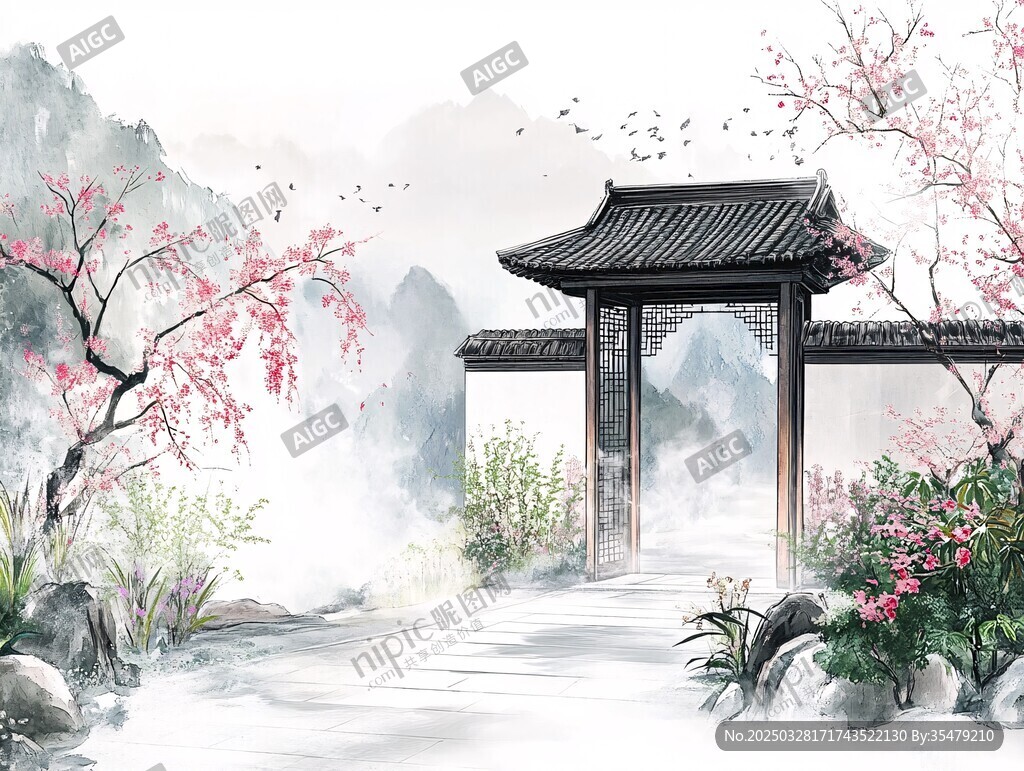 中式園林春景詩意畫面