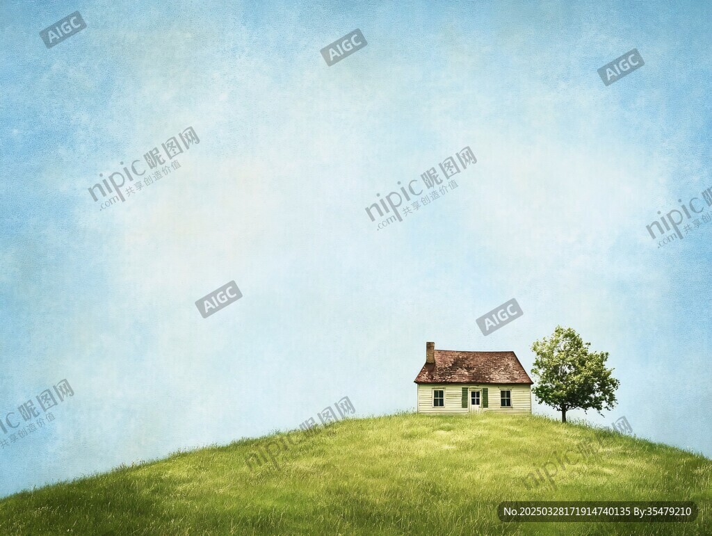 山丘上的小屋與綠樹