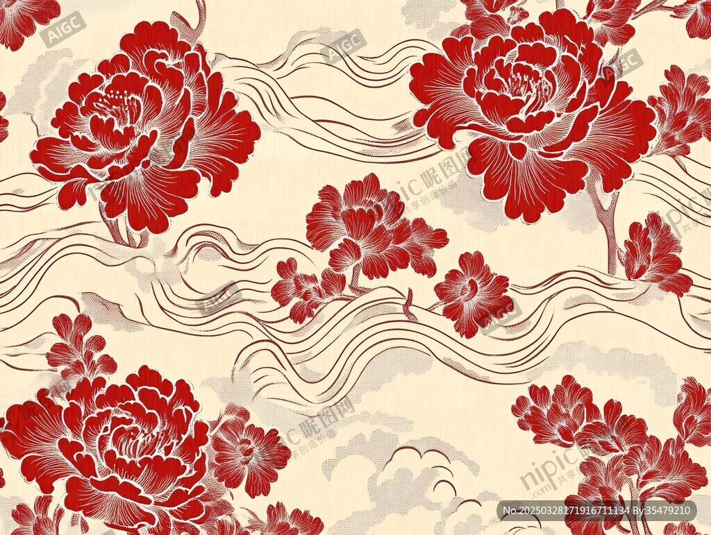 中式牡丹云紋復古花紋圖案