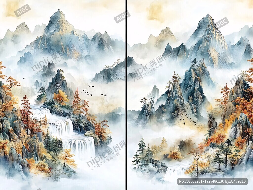 山水秋色雙屏國畫意境美