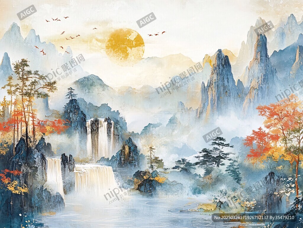山水秋色間 旭日飛鳥圖